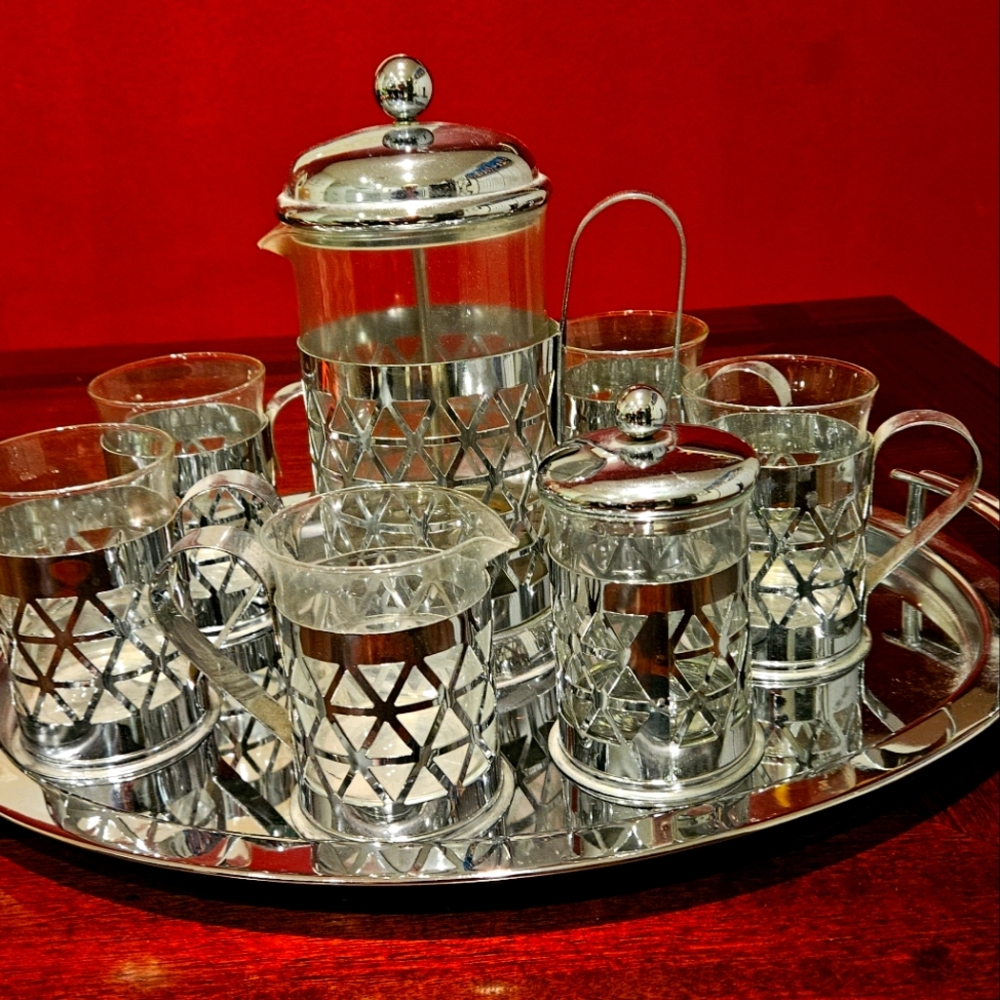Towle Silversmith Coffee Cups, Creamer, Sugar, Tray. Stainless Steel .